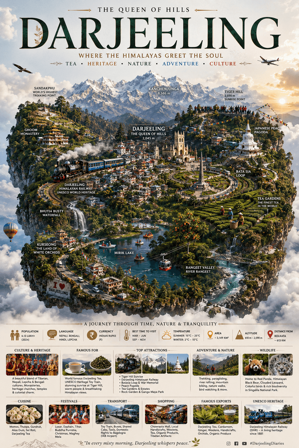 Darjeeling — The Queen of Hills. Infographic showing Kanchenjunga (8,586 m), Tiger Hill sunrise point (2,500 m), Sandakphu (world's highest trekking point), the Darjeeling Himalayan Railway (UNESCO World Heritage), Ghoom Monastery, Japanese Peace Pagoda, Batasia Loop, Bhutia Busty waterfall, Kurseong (land of white orchids), Mirik Lake, Rangeet Valley, the world-famous tea gardens, momos and Darjeeling tea, Losar and Buddha Purnima festivals, with population 6.13 lakh+, altitude 610–2,590 m, area 3,149 km² and best time to visit March–June and September–November.