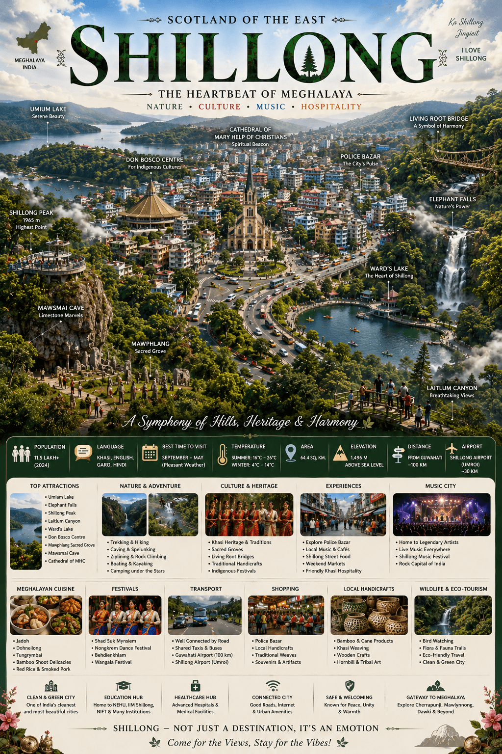 Shillong — Scotland of the East, The Heartbeat of Meghalaya. Infographic showing Shillong Peak (1,965 m highest point), Umiam Lake, Cathedral of Mary Help of Christians, Don Bosco Centre for Indigenous Cultures, Police Bazar (the city's pulse), Ward's Lake (the heart of Shillong), Elephant Falls, Mawsmai Cave (limestone marvels), Mawphlang sacred grove, Laitlum Canyon, the Living Root Bridge (a symbol of harmony), Khasi heritage, top attractions, music city status (Shillong rock festival, home of legendary artists), Meghalayan cuisine (jadoh, dohneiilong, tungrymbai, bamboo-shoot delicacies, red rice & smoked pork), Shad Suk Mynsiem and Nongkrem dance festivals, bamboo and Khasi handicrafts, with population 11.5 lakh+ (2024), elevation 1,496 m, area 64.4 km², ~30 km to Shillong Airport (Umroi), ~100 km from Guwahati, and best time to visit September–May.