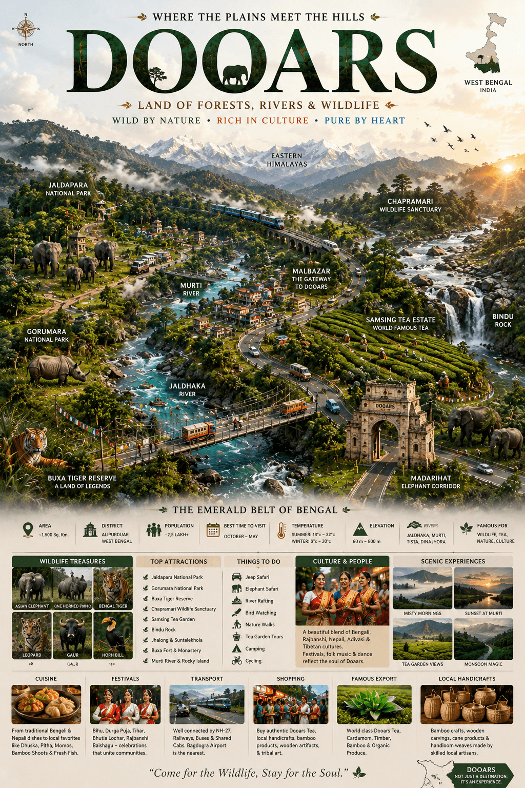 Dooars — The Emerald Belt of Bengal. Infographic showing Jaldapara National Park, Gorumara National Park, Buxa Tiger Reserve, Chapramari Wildlife Sanctuary, Samsing Tea Estate, Malbazar (the gateway to Dooars), Madarihat elephant corridor, Bindu Rock, Murti and Jaldhaka rivers, Eastern Himalayas backdrop, wildlife treasures (Asian elephant, one-horned rhino, Bengal tiger, leopard, gaur, hornbill), local cuisine (dhuska, pitha, momos, bamboo shoots, fresh fish), Bihu / Durga Puja / Tihar festivals, Dooars tea, cardamom, timber & organic produce, with area 1,600 km², population 2.5 lakh+, elevation 60–800 m and best time to visit October–May.