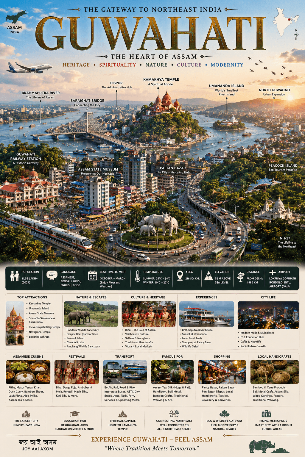 Guwahati — The Gateway to Northeast India, The Heart of Assam. Infographic showing the Brahmaputra River (lifeline of Assam), Saraighat Bridge, Kamakhya Temple, Dispur (administrative hub), Umananda Island (world's smallest river island), Peacock Island, North Guwahati, Guwahati Railway Station, Assam State Museum, Paltan Bazar, NH-27 lifeline, top attractions (Srimanta Sankaradeva Kalakshetra, Purva Tirupati Balaji, Navagraha, Basistha Ashram), Pobitora & Deepor Beel & Chandubi & Amchang sanctuaries, Bihu festival, Vaishnavite culture, Brahmaputra cruise, Assamese cuisine (pitha, masor tenga, khar, duck curry, bamboo shoot, lauh pitha, aloo pitika), Muga & Pat silk, with population 11.5 lakh+, area 216 km², elevation 52 m above sea level and best time to visit October–March.