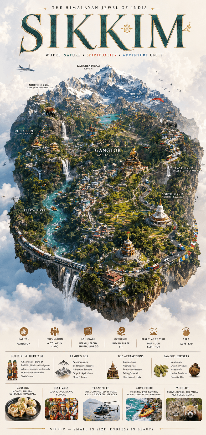 Sikkim — The Himalayan Jewel of India. Infographic showing Kanchenjunga at 8,586 m, North Sikkim (Lachen, Gurudongmar), East Sikkim (Zuluk, Nathula Pass), West Sikkim (Pelling, Yuksom), South Sikkim (Namchi, Ravangla), Gangtok capital city, the Teesta River, monasteries, cuisine (momos, thukpa), Losar festival, cardamom exports, snow leopard and red panda wildlife, with population 6.07 lakh+, area 7,096 km², best time to visit March–June and September–November.